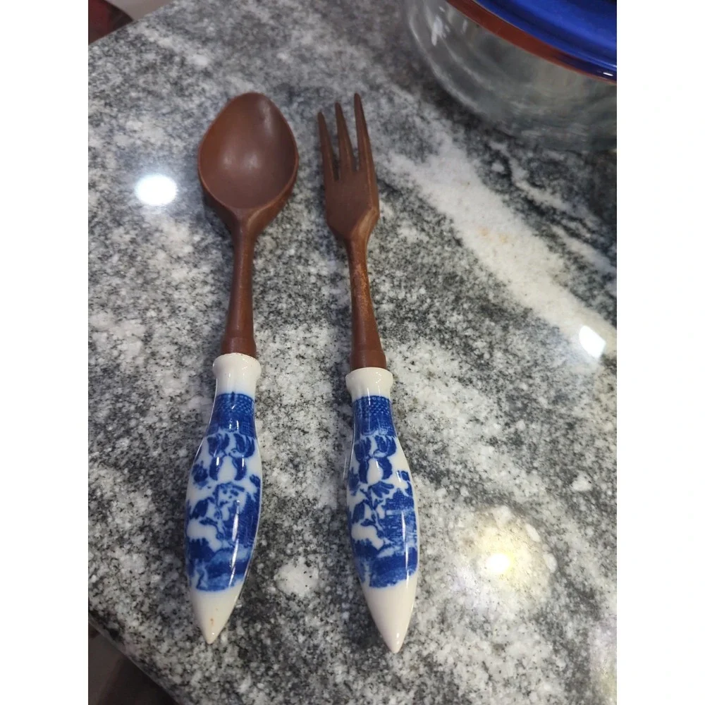 Vintage Delft Blue Ceramic & Wood Salad Set